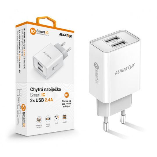 Chytrá síťová nabíječka ALIGATOR 2,4A, 2xUSB, smart IC, bílá