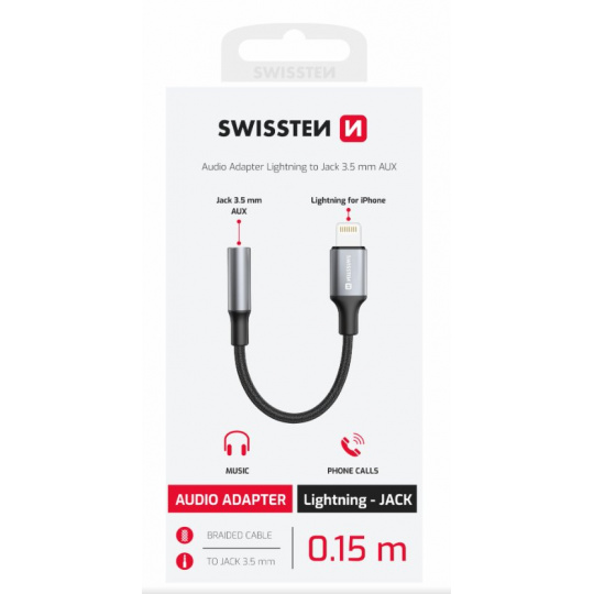 SWISSTEN AUDIO ADAPTÉR TEXTILE LIGHTNING (samec)  / 3,5mm AUX 0,15 M ČERNÝ (nahrazuje 73501211)