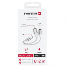 SWISSTEN NABÍJECÍ AUDIO ADAPTÉR TEXTILE USB-C (samec) / 2x USB-C (samice) 0,12 M BÍLÝ