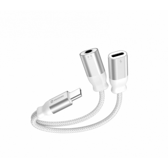 SWISSTEN NABÍJECÍ AUDIO ADAPTÉR TEXTILE USB-C (samec) / USB-C (samice) a 3,5mm AUX 0,12 M BÍLÝ