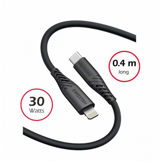 SWISSTEN DATOVÝ KABEL SOFT SILICONE USB-C / LIGHTNING 0,4 M ČERNÝ