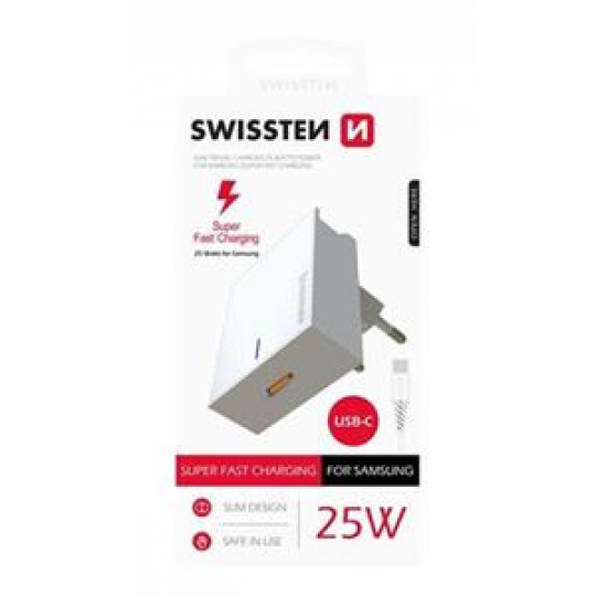 SWISSTEN SÍŤOVÝ ADAPTÉR PRO SAMSUNG SUPER FAST CHARGING 25W + DATOVÝ KABEL USB-C/USB-C 1,2 M BÍLÝ