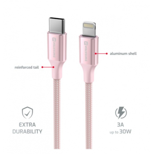 SWISSTEN DATOVÝ KABEL TEXTILE II USB-C / LIGHTNING 1,5 M RŮŽOVÝ