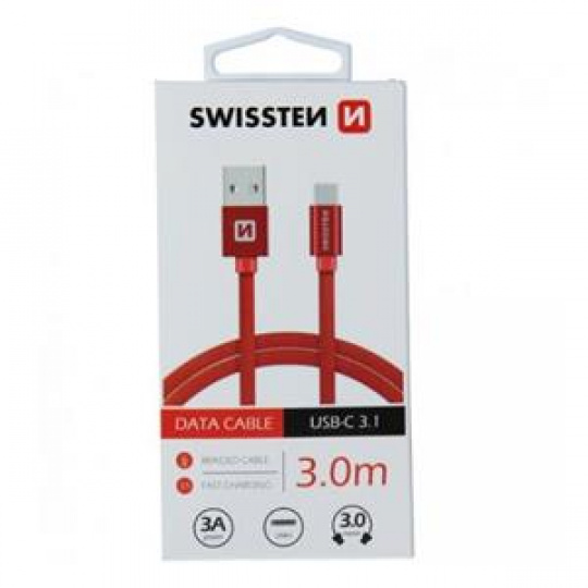 SWISSTEN DATOVÝ KABEL TEXTILE USB / USB-C 3,0 M ČERVENÝ