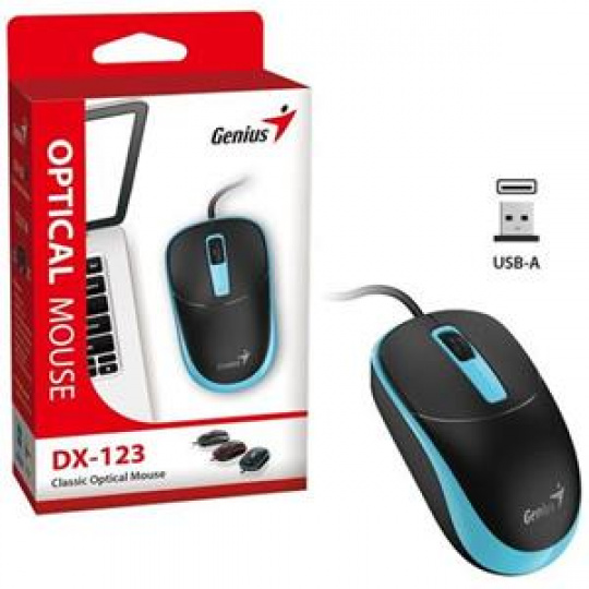 Genius DX-123 Myš, drátová, optická, 1200DPI, 3 tlačítka, USB, černo-modrá