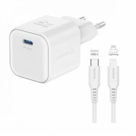 SWISSTEN SÍŤOVÝ ADAPTÉR GaN 1x USB-C 20W POWER DELIVERY BÍLÝ + DATOVÝ KABEL USB-C/LIGHTNING 1,2 M BÍLÝ