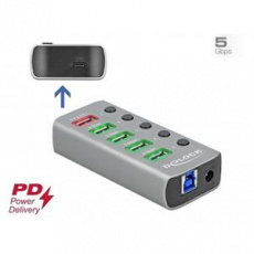 Delock Rozbočovač USB 3.2 Gen 1 se 4 porty + 1 rychlonabíjecím portem + 1 portem USB-C™ PD 3.0 s přepínačem a osvětlením