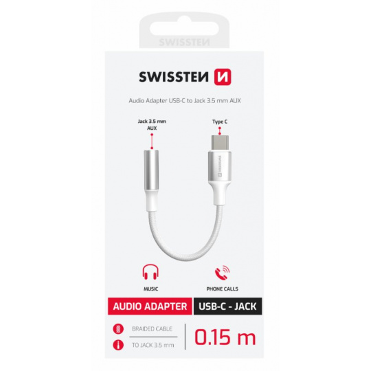 SWISSTEN AUDIO ADAPTÉR TEXTILE USB-C (samec) / 3,5mm AUX 0,15 M BÍLÝ (nahrazuje 73501302)