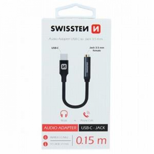 SWISSTEN AUDIO ADAPTÉR TEXTILE USB-C/JACK (samice) 0,15 M CERNÝ