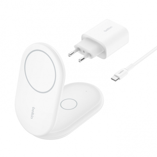 Belkin BOOST CHARGE Qi2, 15W 2v1 magnetický stojan, bílý