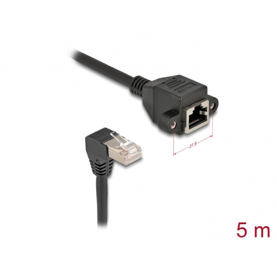 Delock Síťový prodlužovací kabel ze zástrčky S/FTP RJ45, pravoúhlý (90°), na integrovanou zásuvku RJ45, Cat.6A, 5 m, černý